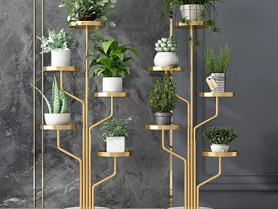 Multi Tiered Golden Plant Stands With Various Green Potted Plants Against Gray Wall 3d model