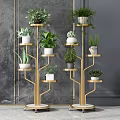 Multi Tiered Golden Plant Stands With Various Green Potted Plants Against Gray Wall