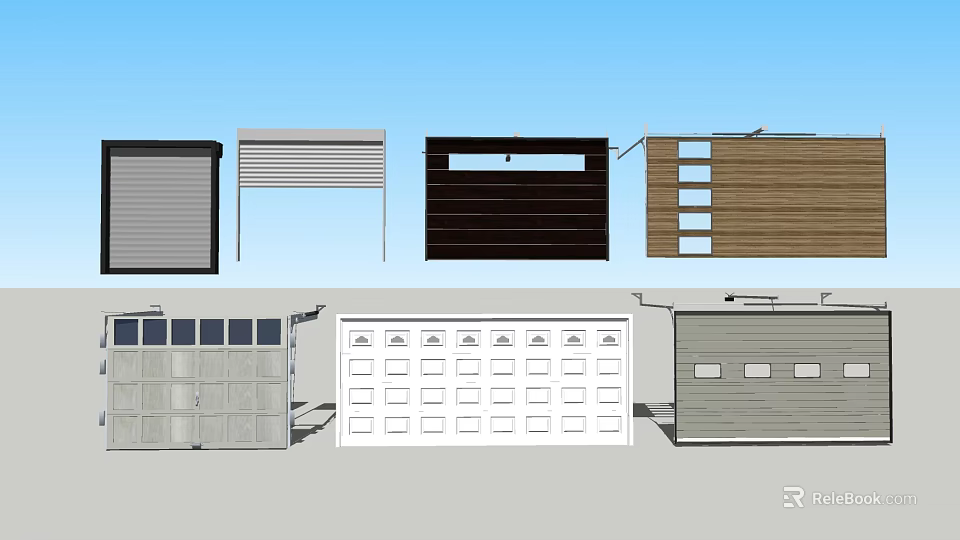 Different Garage Door Styles Featuring Roller Panel Wooden And Metal Designs 3d model 