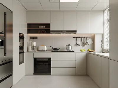 Modern Open Concept Kitchen Interior Design With White Cabinets And Island Counter 3d model