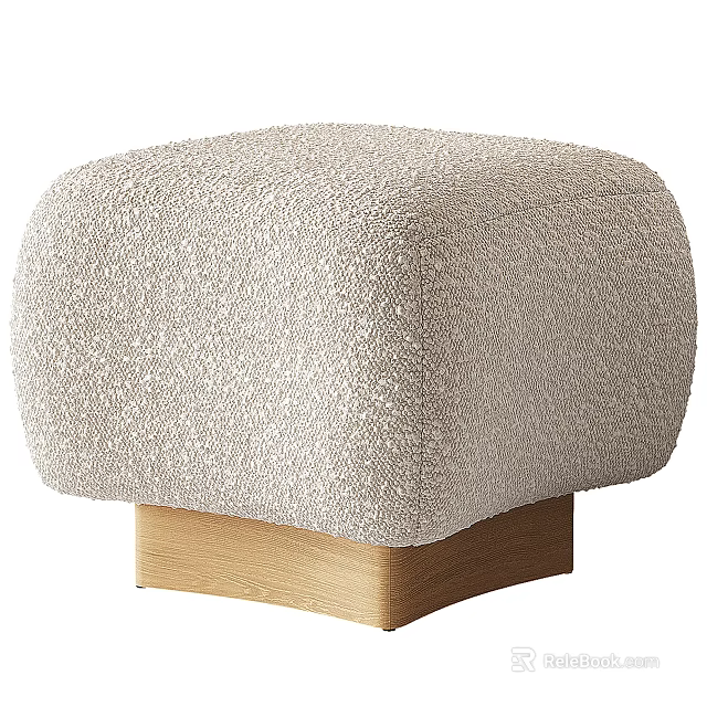 Beige Textured Fabric Upholstered Stool With Modern Wooden Base For Home Interiors 3d model 