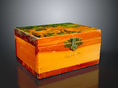 Handcrafted Vintage Orange And Green Decorative Wooden Storage Box With Metal Latch 3d model
