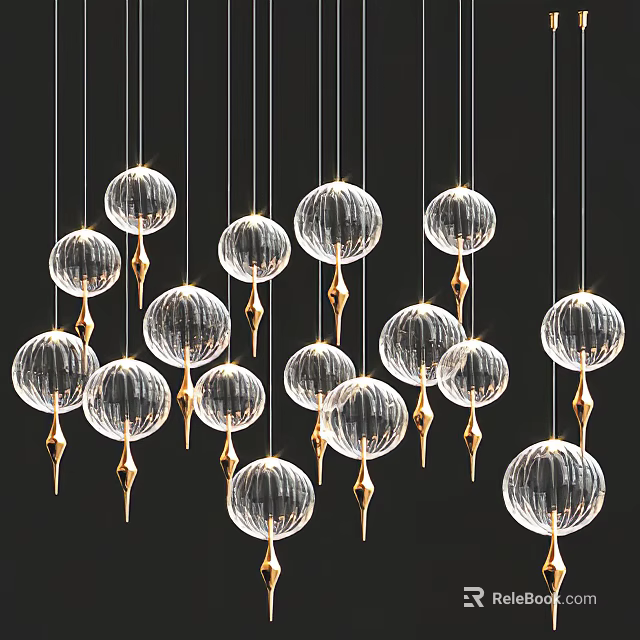 Transparent Globe Chandeliers With Gold Accents Hanging On Black Background 3d model 