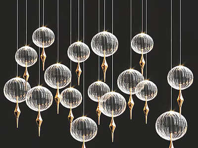 Transparent Globe Chandeliers With Gold Accents Hanging On Black Background 3d model