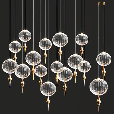 Transparent Globe Chandeliers With Gold Accents Hanging On Black Background 3d model