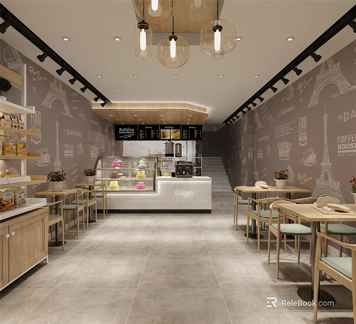 Cozy Bubble Tea Shop Interior With Eiffel Tower Murals Wooden Tables And Counter 3d model 