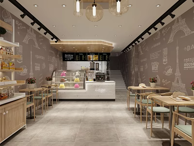 Cozy Bubble Tea Shop Interior With Eiffel Tower Murals Wooden Tables And Counter 3d model