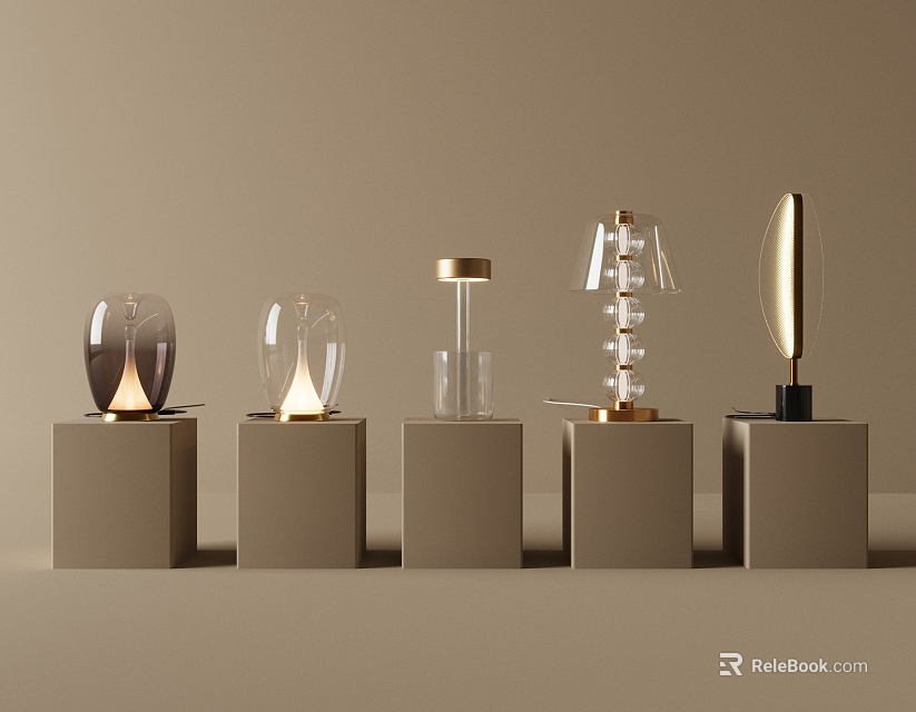 Various Designed Table Lamps On Beige Pedestals With Light Brown Background 3d model 