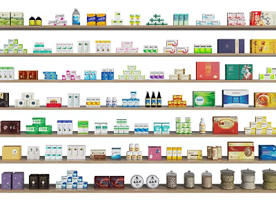 Various Types Of Medical Devices And Supplies On Organized Pharmacy Shelves 3d model