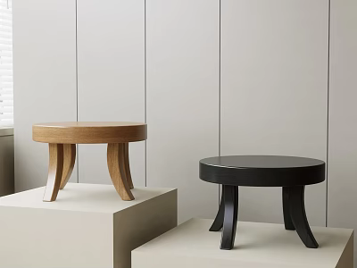 Modern Wooden and Black Stools on Display Stands in Minimalist Interior 3d model