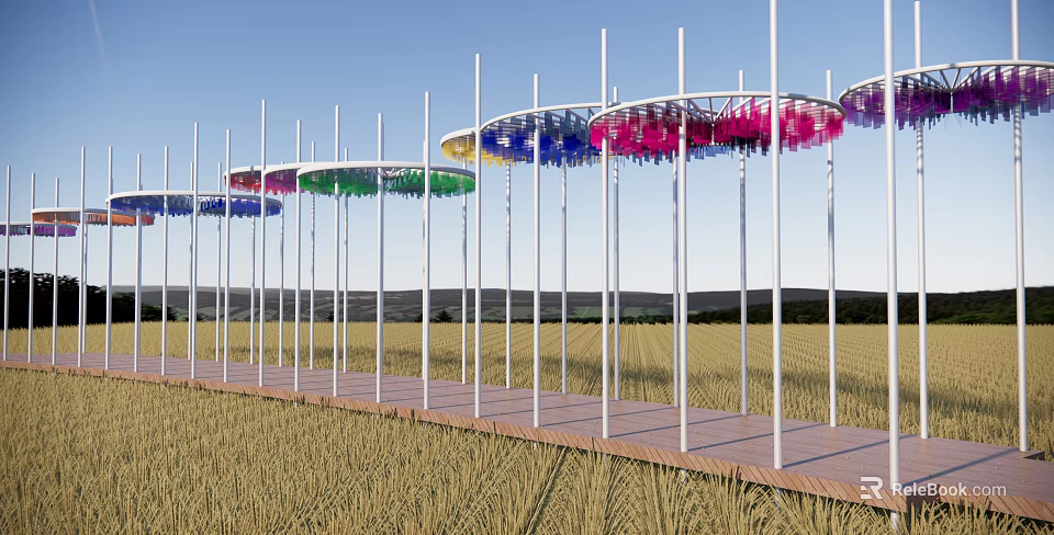 Colorful Pergola Structure With White Columns And Wooden Walkway In Wheat Field 3d model 