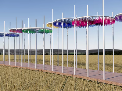 Colorful Pergola Structure With White Columns And Wooden Walkway In Wheat Field 3d model