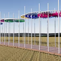 Colorful Pergola Structure With White Columns And Wooden Walkway In Wheat Field