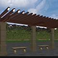 Wooden Slatted Pergola with Stone Pillars Ornate Carvings and Outdoor Garden Stone Benches