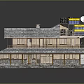 Cartoon Scene of Wooden Rural Villa With Gray Roof Chimney and Reflective Water Surface