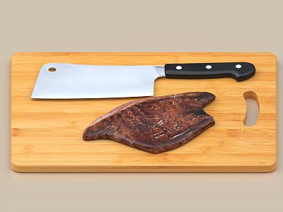 Wooden Cutting Board With Cleaver Knife And Raw Meat For Kitchen Use 3d model