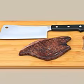 Wooden Cutting Board With Cleaver Knife And Raw Meat For Kitchen Use