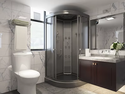 Bright Modern Bathroom With Curved Shower Enclosure Toilet And Marble Top Dark Wood Vanity Cabinet 3d model