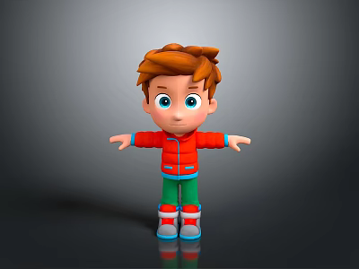 3D Cartoon Child With Brown Hair Blue Eyes Red Jacket Green Pants Arms Outstretched 3d model