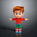 3D Cartoon Child With Brown Hair Blue Eyes Red Jacket Green Pants Arms Outstretched
