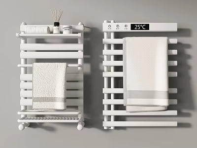 White Bathroom Heating Towel Racks With Towels Aromatherapy Sticks And Small Bottles 3d model