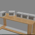 Five White Microwaves On Wooden Table Against Light Blue Wall Kitchen Appliances