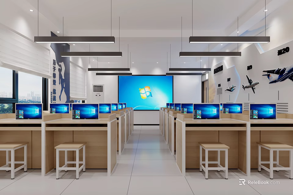 Bright Public Office Space With Multiple Computers Large Screen Wooden Desks And White Stools 3d model