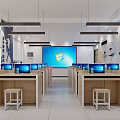 Bright Public Office Space With Multiple Computers Large Screen Wooden Desks And White Stools 3d model