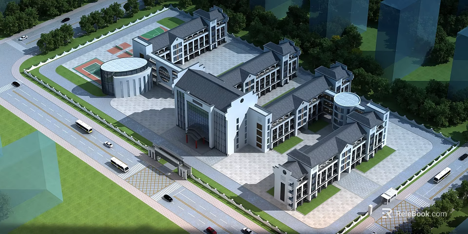 Modern Traditional School Building Complex With Connected Structures Round Design Greenery And Campus Plaza 3d model