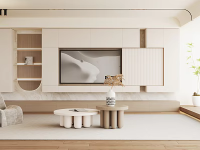 Elegant Modern Living Room Interior Design With TV Wall Cabinet Coffee Table And Plant Decor 3d model