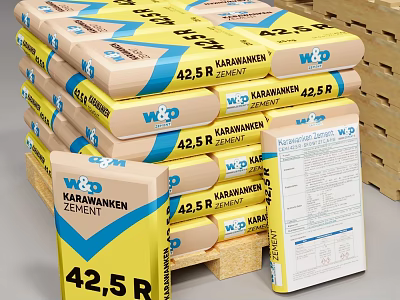 Stacked W&D 42.5 R Karbonaten Cement Bags In Pile With Packaging 3d model