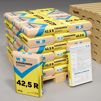 Stacked W&D 42.5 R Karbonaten Cement Bags In Pile With Packaging 3d model
