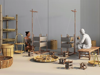 modern farm tools bamboo weaving farm tools shelf silk machine spool 3d model