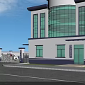 Entrance Gate of White and Blue Building with Front Platform and Parking Area
