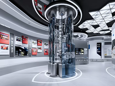 Modern Exhibition Hall Interior Design With Central Glass Display Column And Wall Posters 3d model