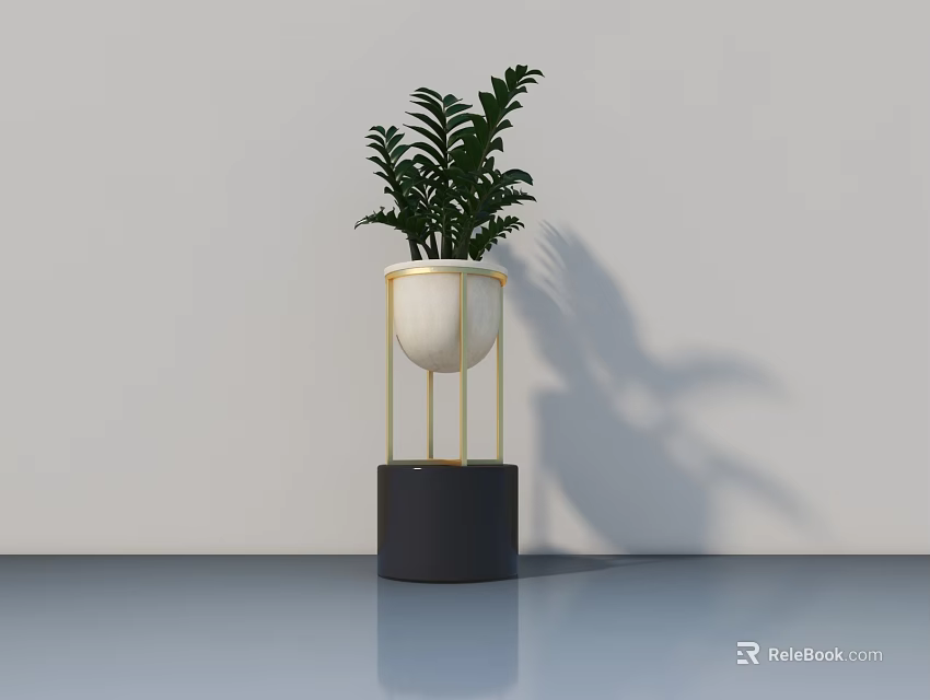 Bonsai Potted Plant with Lush Green Foliage Golden Stand White Pot Black Base 3d model 