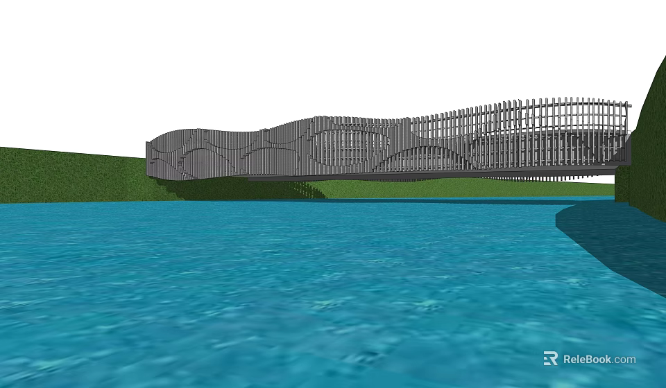 Modern Landscape Bridge With Unique Railings Over Blue Water And Green Grass 3d model 