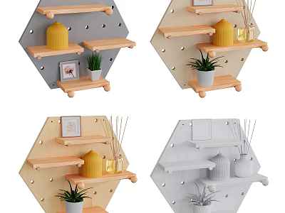 Hexagonal Wall Cabinets With Decorative Plants Candles And Photo Frames In Different Colors 3d model
