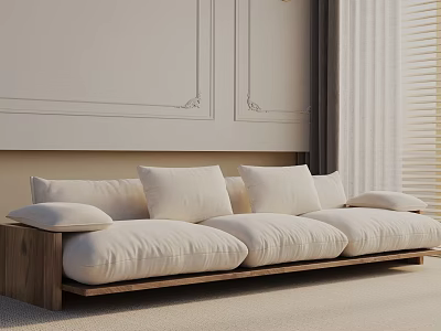 Modern Three Seater Sofa With Beige Cushions And Wooden Frame For Living Room Design 3d model