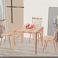 Natural Wood Square Dining Table and Chairs Set with Fruits and Decorative Plants