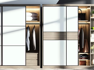 Modern Wardrobe With Sliding Glass Doors Hanging Rods And Storage Compartments 3d model