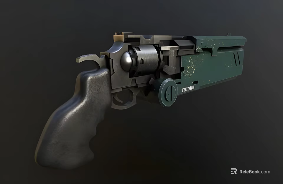 Green Revolver Weapon Featuring Black Grip And Metal Cylinder Design 3d model 