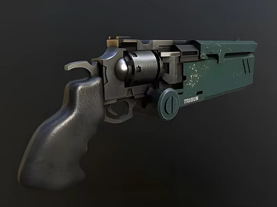 Green Revolver Weapon Featuring Black Grip And Metal Cylinder Design 3d model