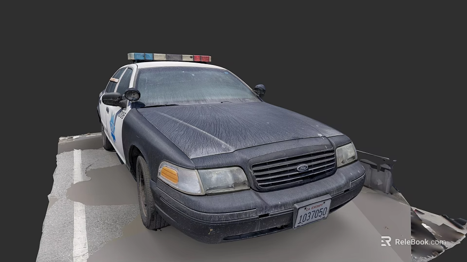 Old Dusty Black And White Police Car With Emergency Lights Parked In Parking Lot 3d model 