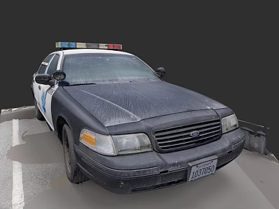 Old Dusty Black And White Police Car With Emergency Lights Parked In Parking Lot 3d model