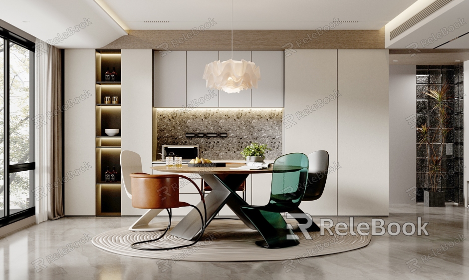 Modern Restaurant Home Dining Room Dining Table and Chair Combination Chandelier Carpet model