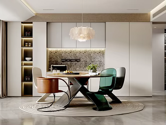 Modern Restaurant Home Dining Room Dining Table and Chair Combination Chandelier Carpet 3d model