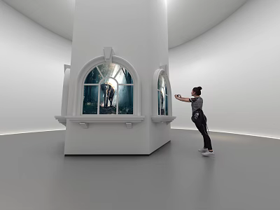Cultural Center Exhibition Space With White Arched Windows And Visitor Interaction 3d model