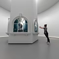 Cultural Center Exhibition Space With White Arched Windows And Visitor Interaction