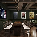 Industrial Bar Interior With Brick Wall Counter Stools Bottle Shelves And Pendant Lights